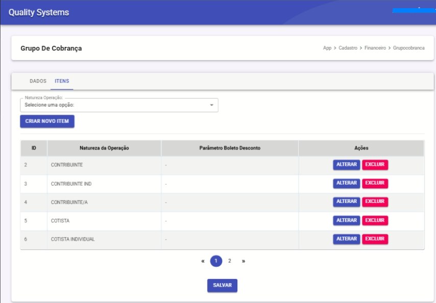 Grupo de Cobrança - Itens