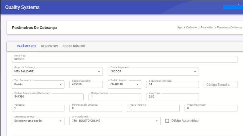 Parâmetros de Cobrança - Parâmetros