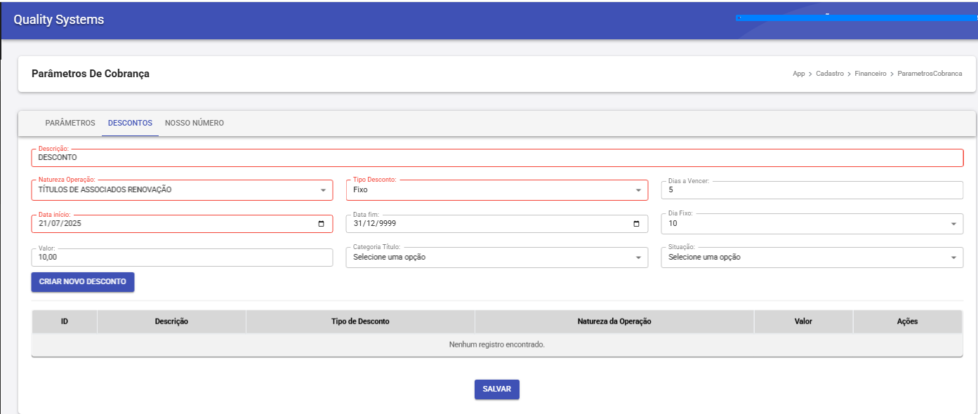 Parâmetros de Cobrança - Descontos