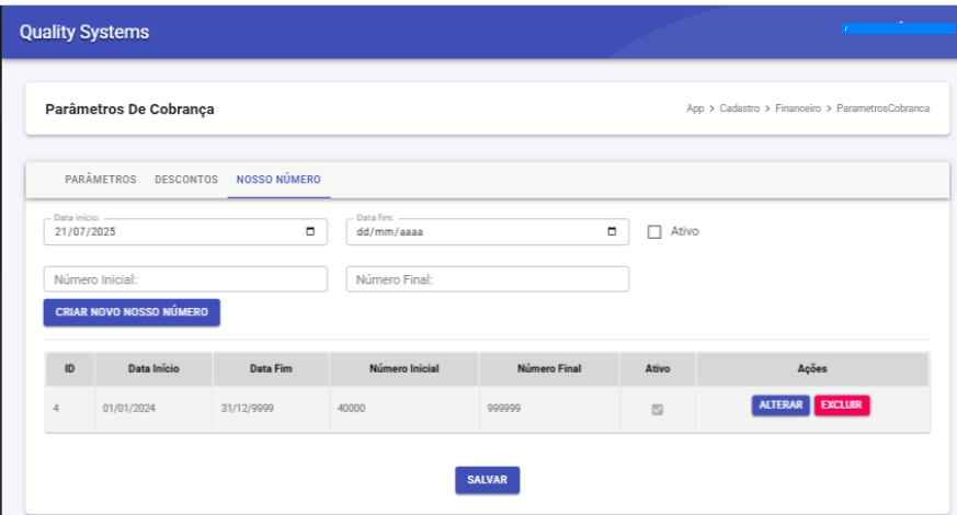 Parâmetros de Cobrança - Nosso Número