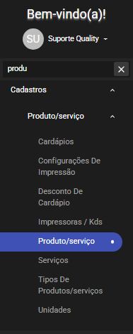 Menu de acesso (Cadastros > Produto/Serviço)
