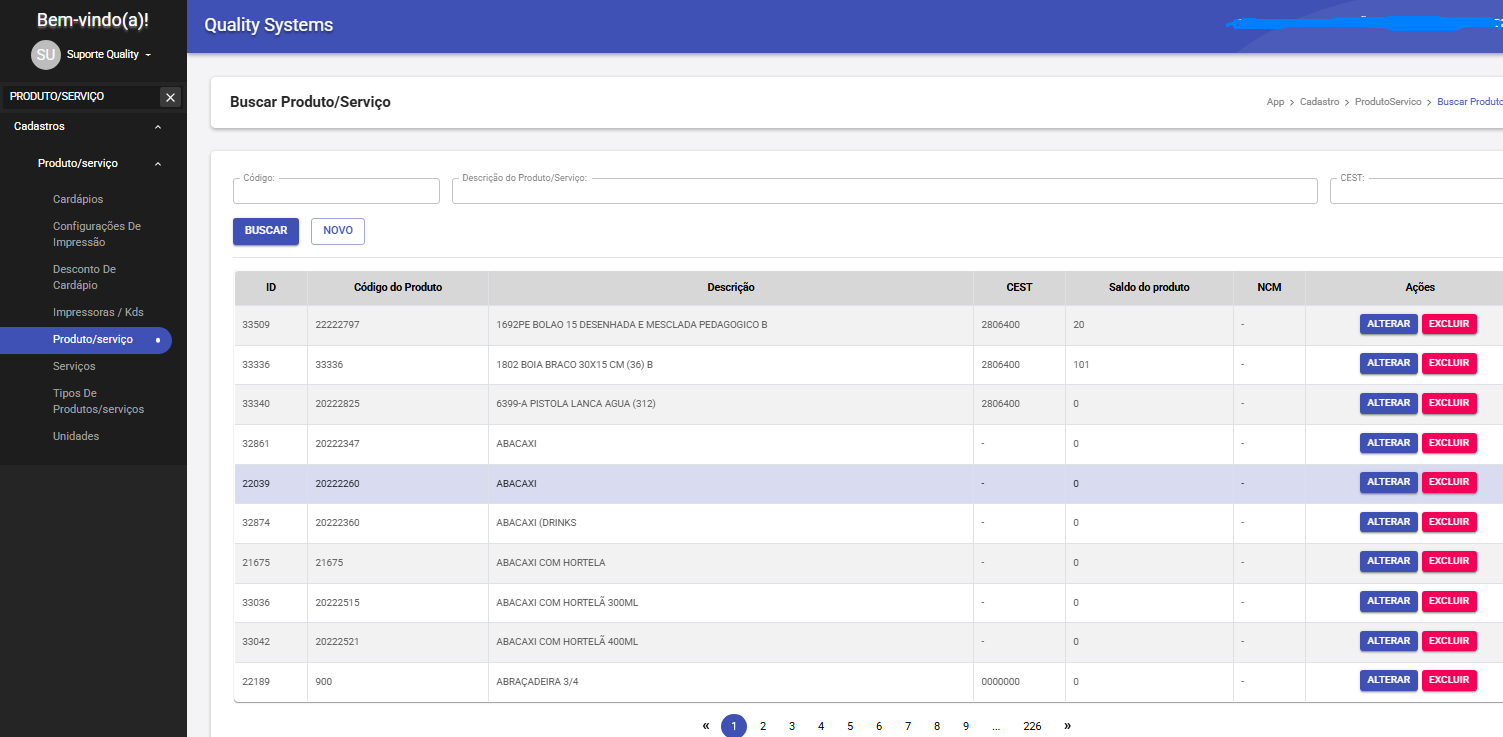 Tela de busca/lista de Produto/Serviço