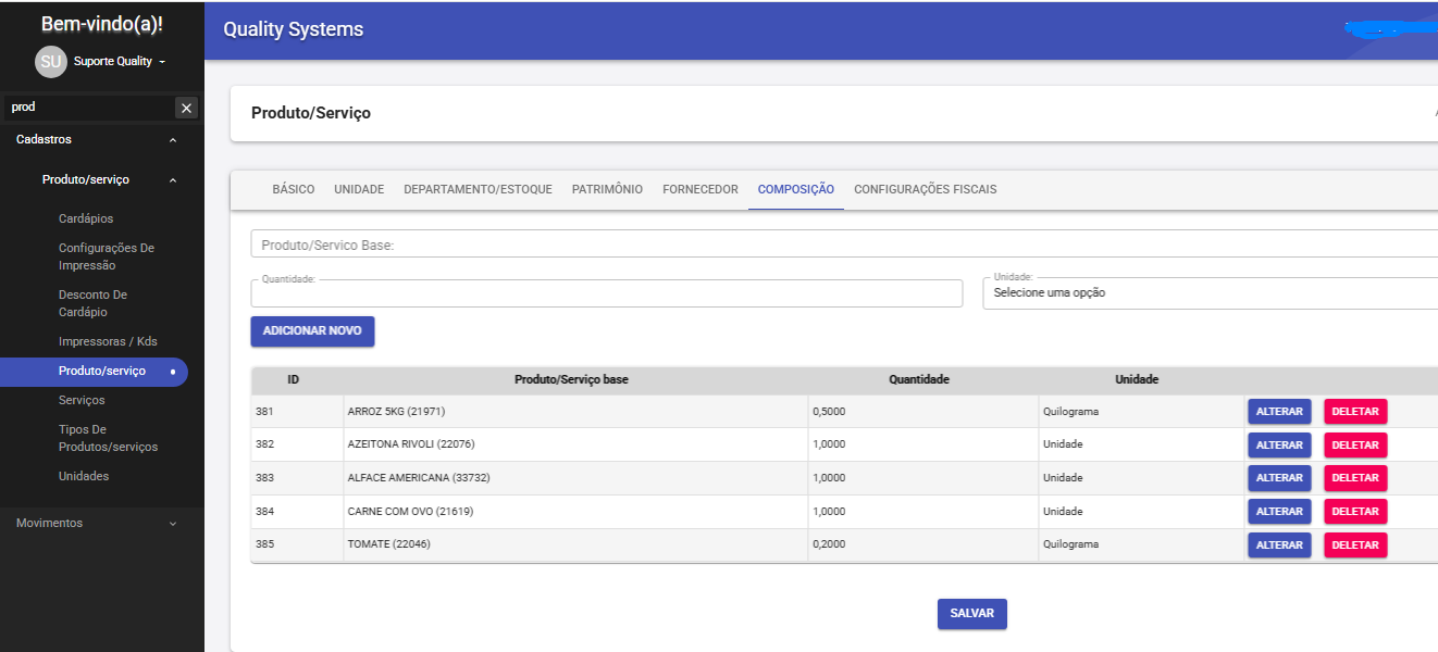 Aba Composição do Produto/Serviço