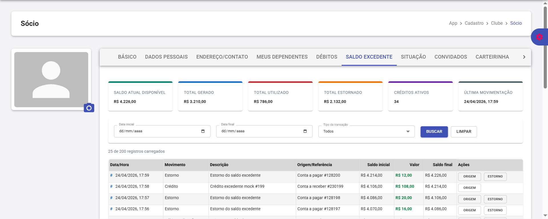 Sócio - Saldo Excedente (resumo + filtros + grid)