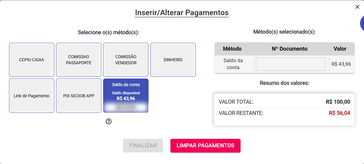 Terminal de Caixa - Saldo da conta selecionado